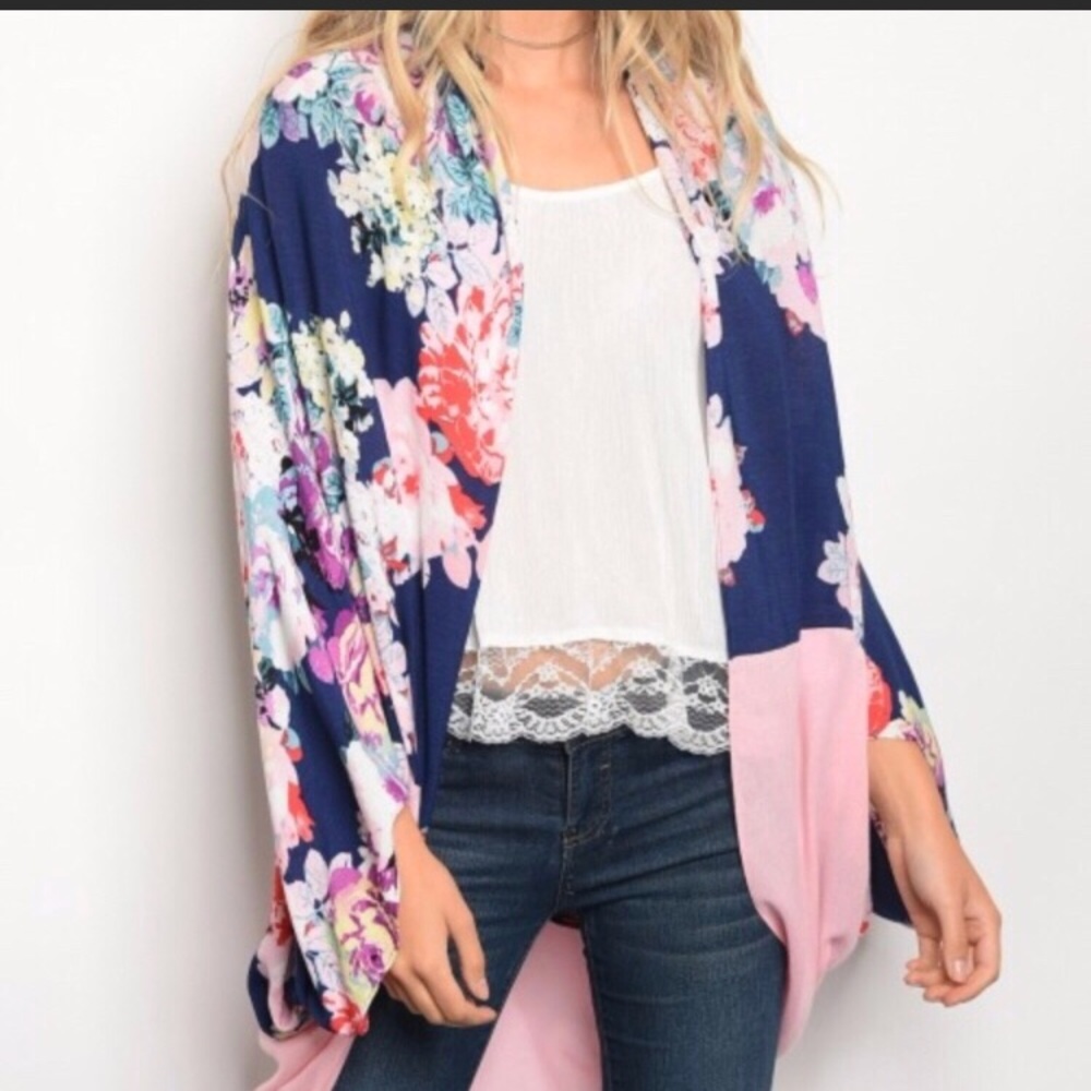 👚 Navy Pink Floral Boho Kimono 👚